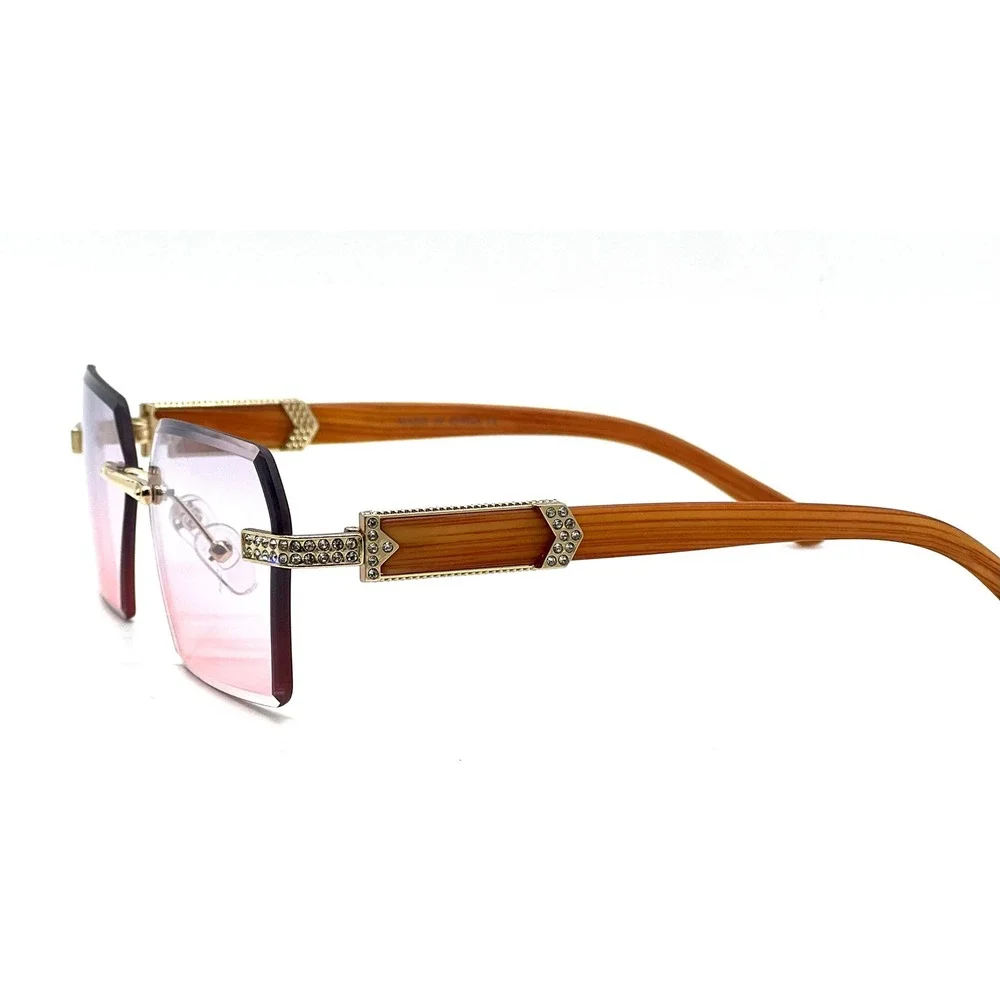 Rimless Sunglasses Women Men Fashion Wood Grain Frame Pink Purple Lens 80's 90's